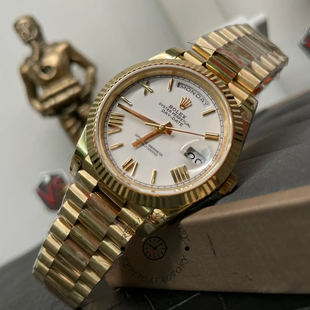 Rolex Day-Date 228238 White Roman Dial Fluted Bezel 40mm Mens Replica Watch