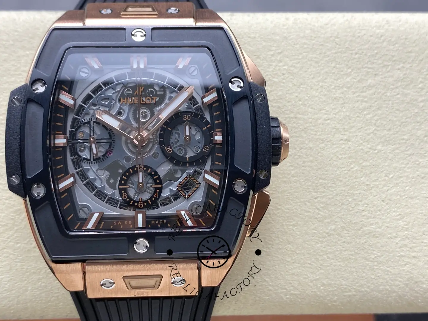 Front close-up of Hublot 642.OM.0180.RX showing skeleton chronograph layout and rose gold-tone markers.