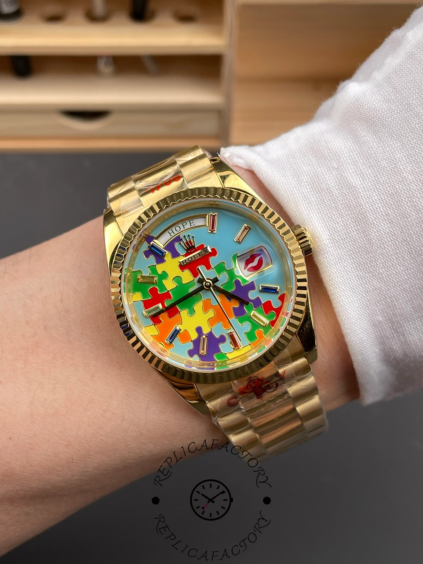 Rolex Day Date 128238-0106 36mm Yellow Gold Fluted Bezel Emoji Puzzle Dial