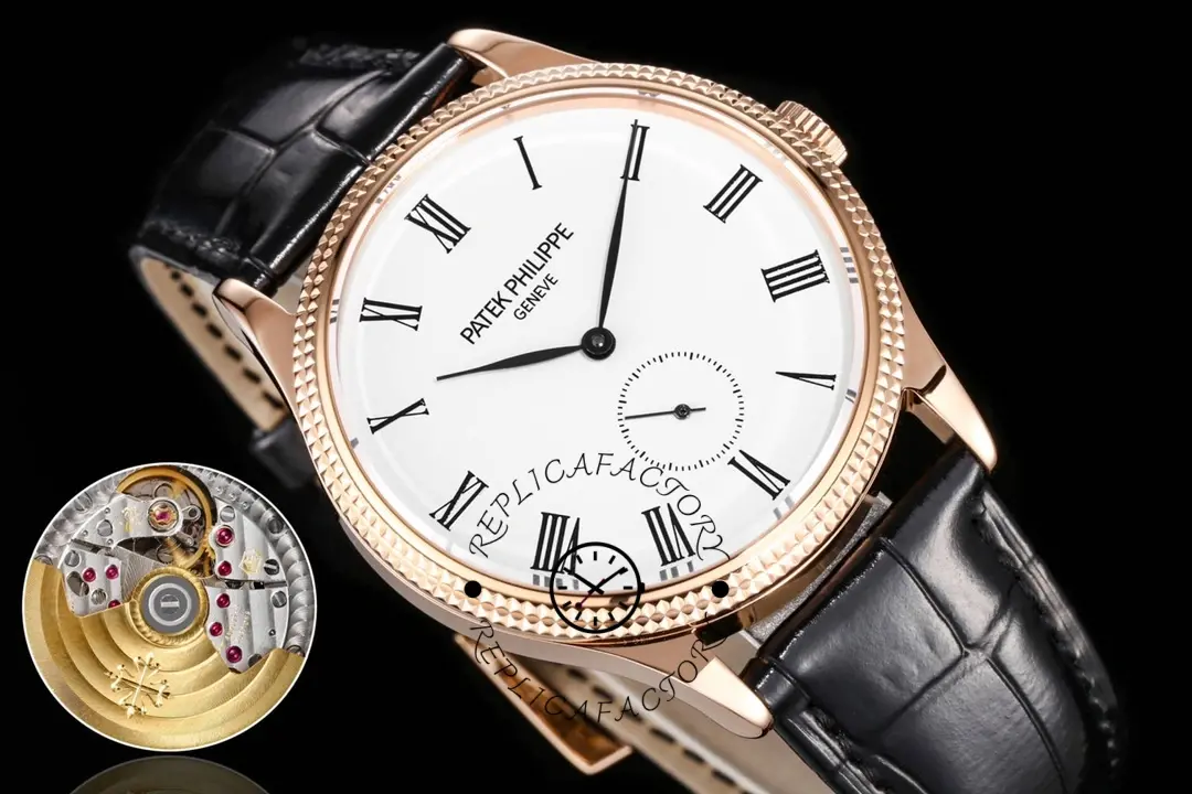 Three-quarter view of the Patek Philippe Calatrava 5119R showing the case shine and dial layout.