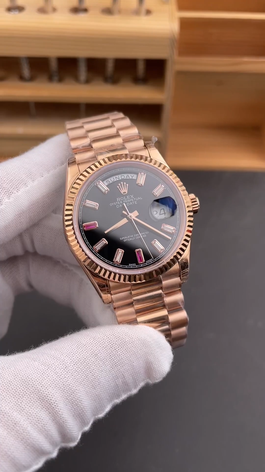 Rolex Day-Date 218235 Diamonds and Rubies Black Dial Rose Gold 41MM Mens Replica Watch
