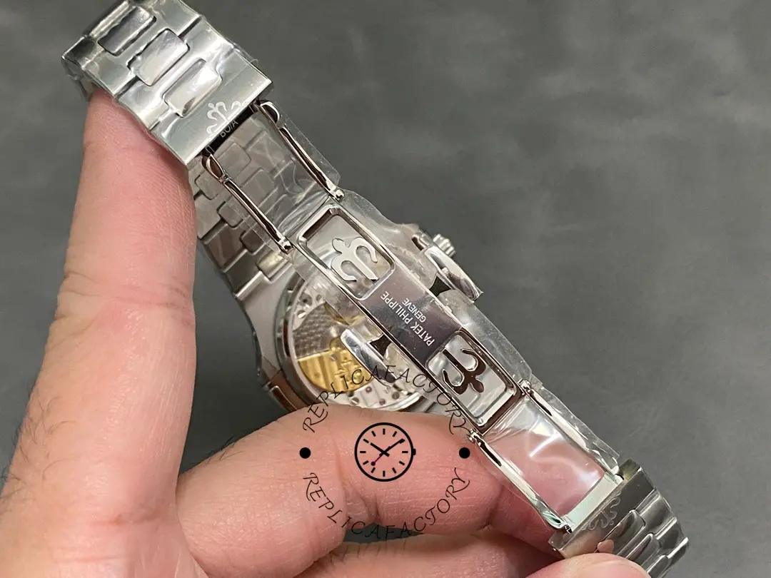 Bracelet underside detail of the Patek Philippe Nautilus 5740 1G 001 showing link structure and fit.