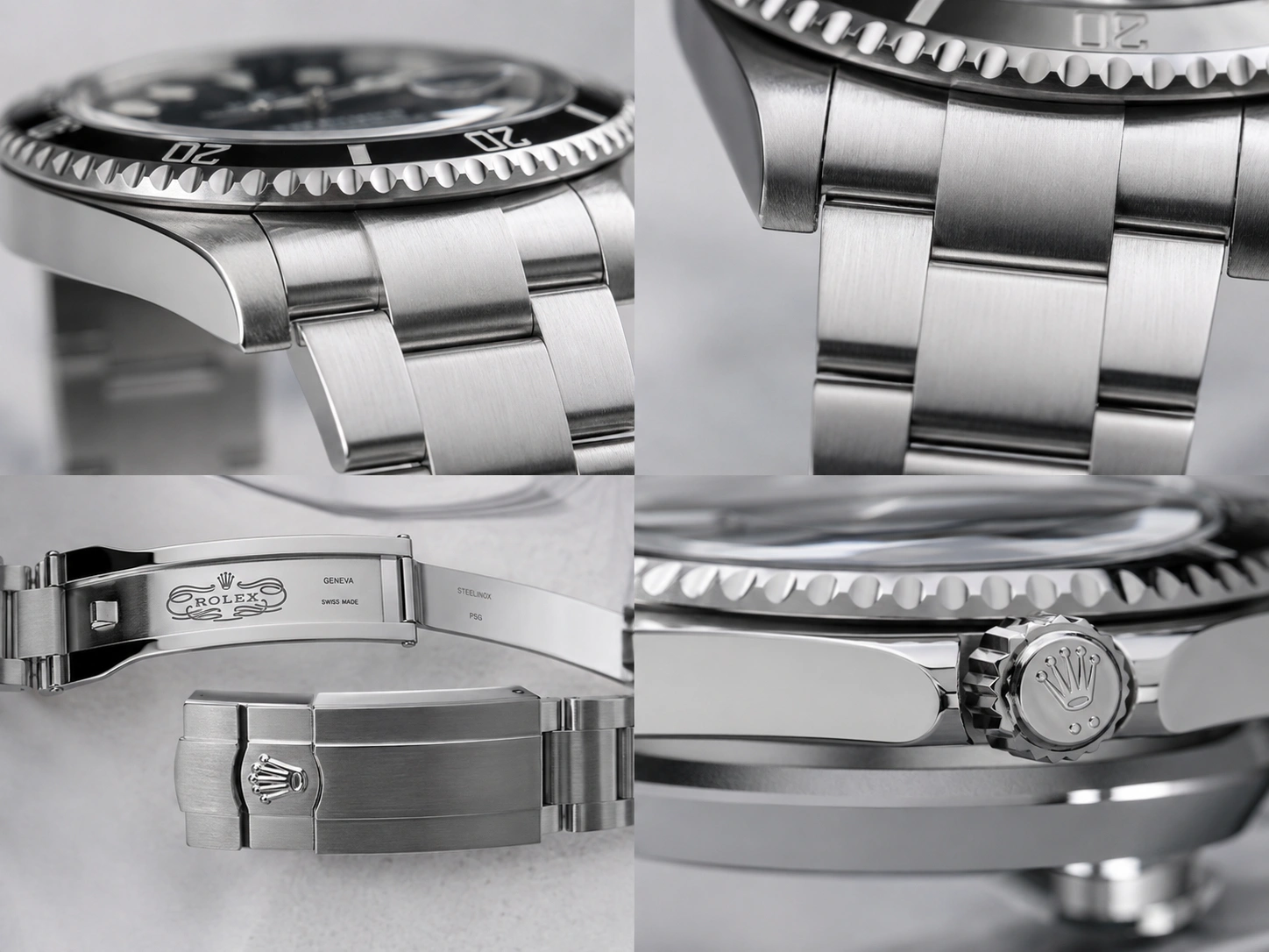 Macro details of a Rolex-style watch case, Oyster bracelet, clasp, crown and solid end links
