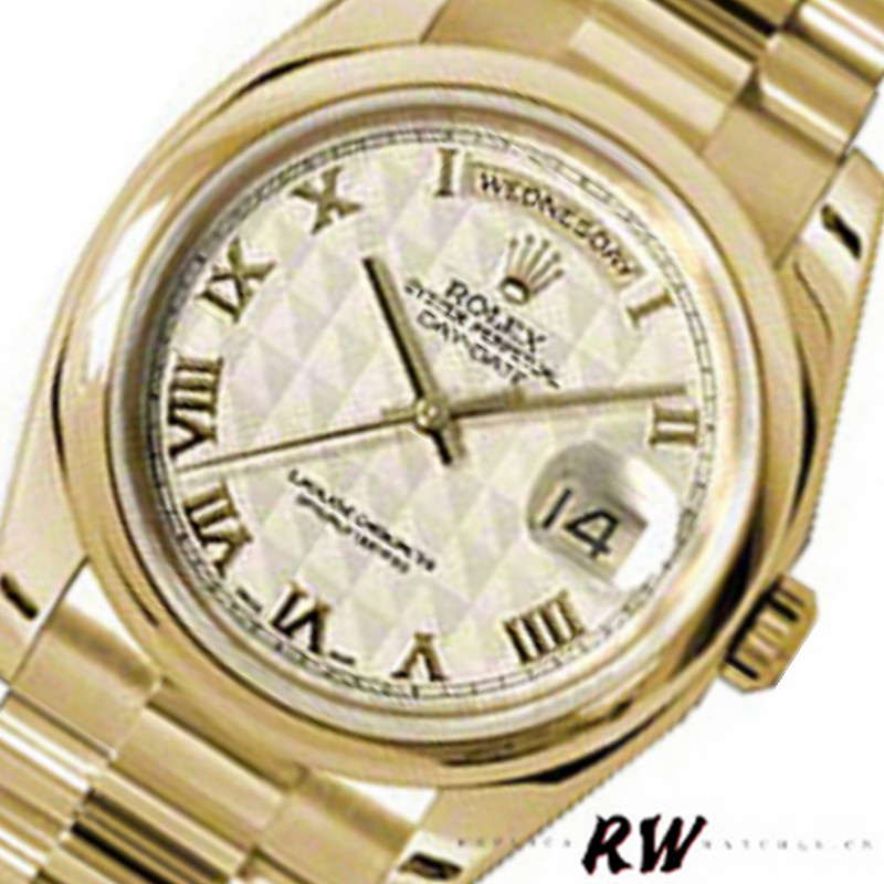 Rolex Day-Date 118208 Yellow Gold Roman Numeral Pyramid Ivory Dial 36mm Unisex Replica Watch