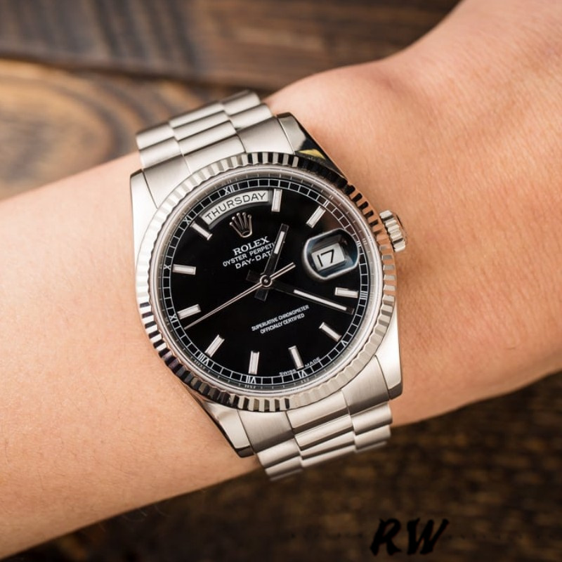 Rolex Day-Date 118239 White Gold Black Dial Fluted Bezel 36mm Unisex Replica Watch