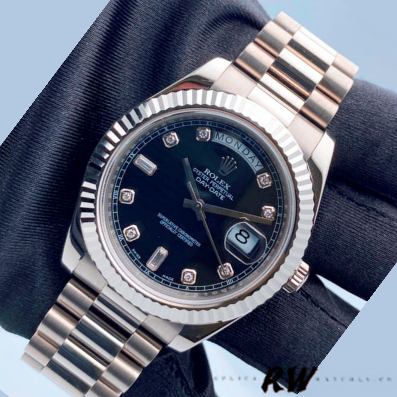 Rolex Day-Date 218239 Diamond Black Dial White Gold 41MM Mens Replica Watch