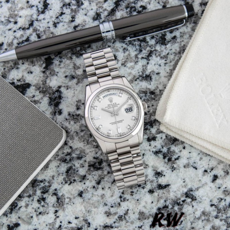 Rolex Day-Date 118209 White Gold Silver Diamond Dial Automatic 36mm Unisex Replica Watch