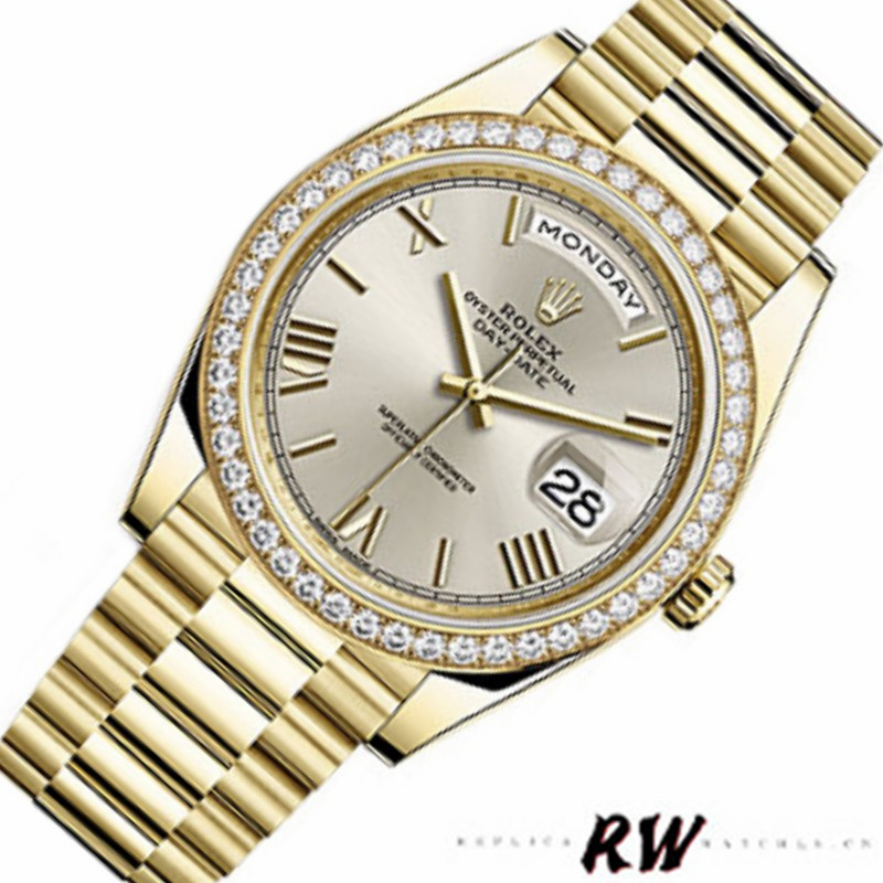 Rolex Day-Date 228348RBR Silver Roman Dial Diamond Bezel 40mm Mens Replica Watch