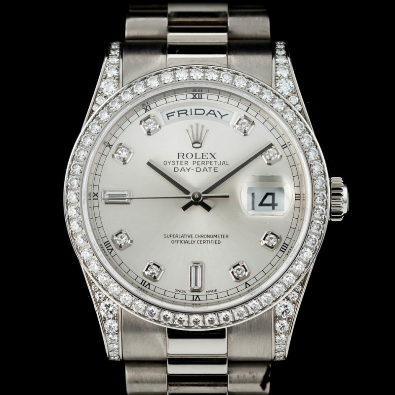 Rolex Day-Date 118389 White Gold Silver Diamond dial 36MM Unisex Replica Watch