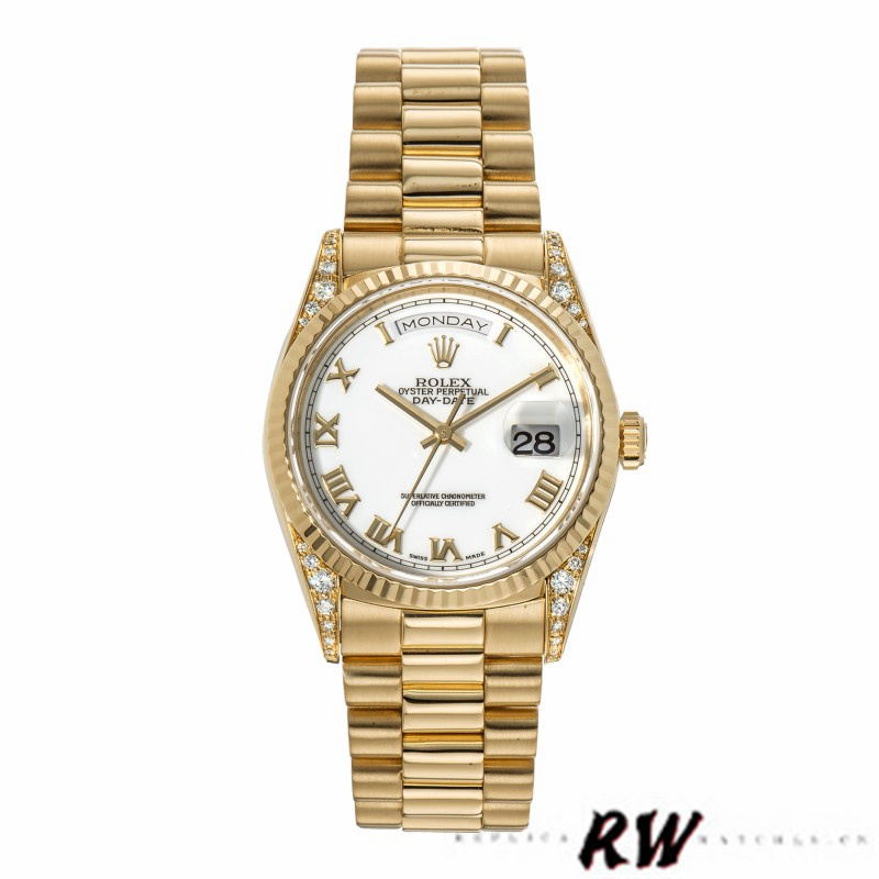 Rolex Day-Date 118338 Yellow gold White Roman Dial 36mm Unisex Replica Watch
