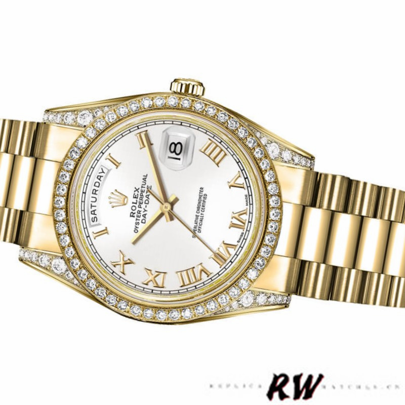 Rolex Day-Date 118388 Yellow Gold White Roman Numeral Dial 36MM Unisex Replica Watch