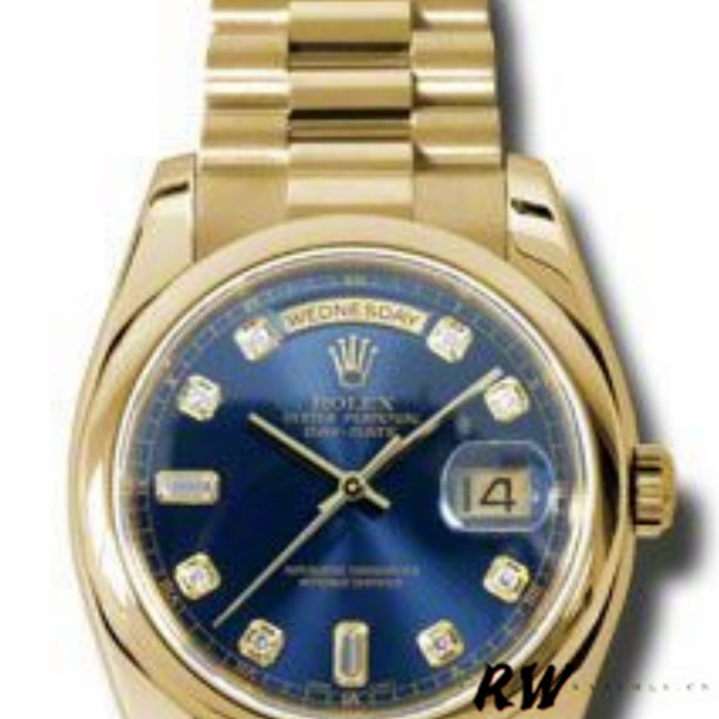 Rolex Day-Date 118208 Yellow Gold Blue Diamond Dial 36mm Unisex Replica Watch
