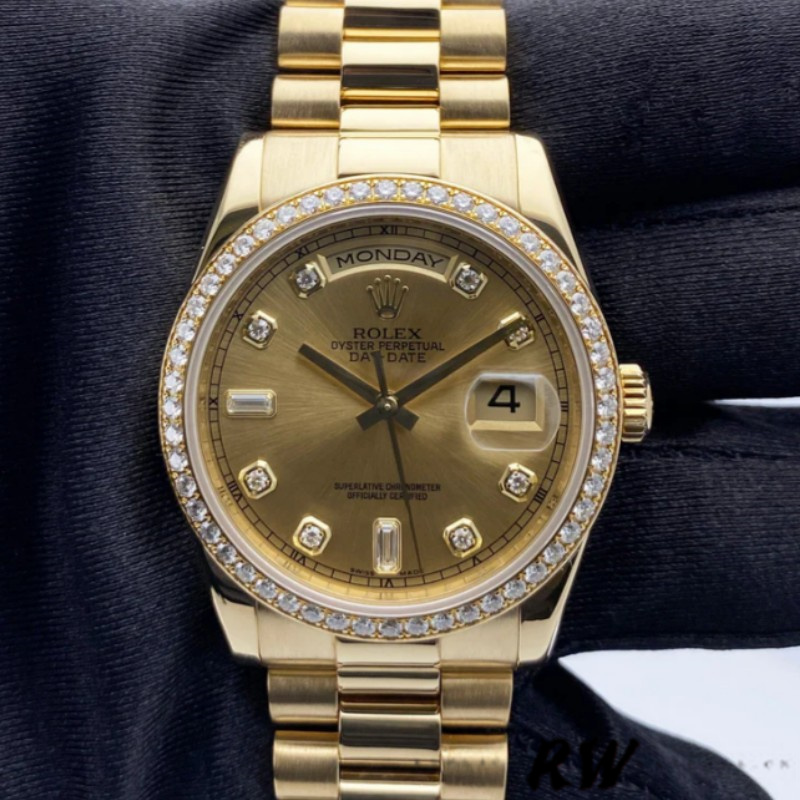 Rolex Day-Date 128348RBR Champagne Diamond Dial Yellow Gold 36MM Unisex Replica Watch
