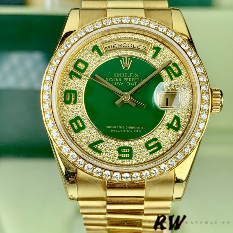 Rolex Day Date 118348 Green Diamond Dial Yellow Gold 36mm Unisex Replica Watch