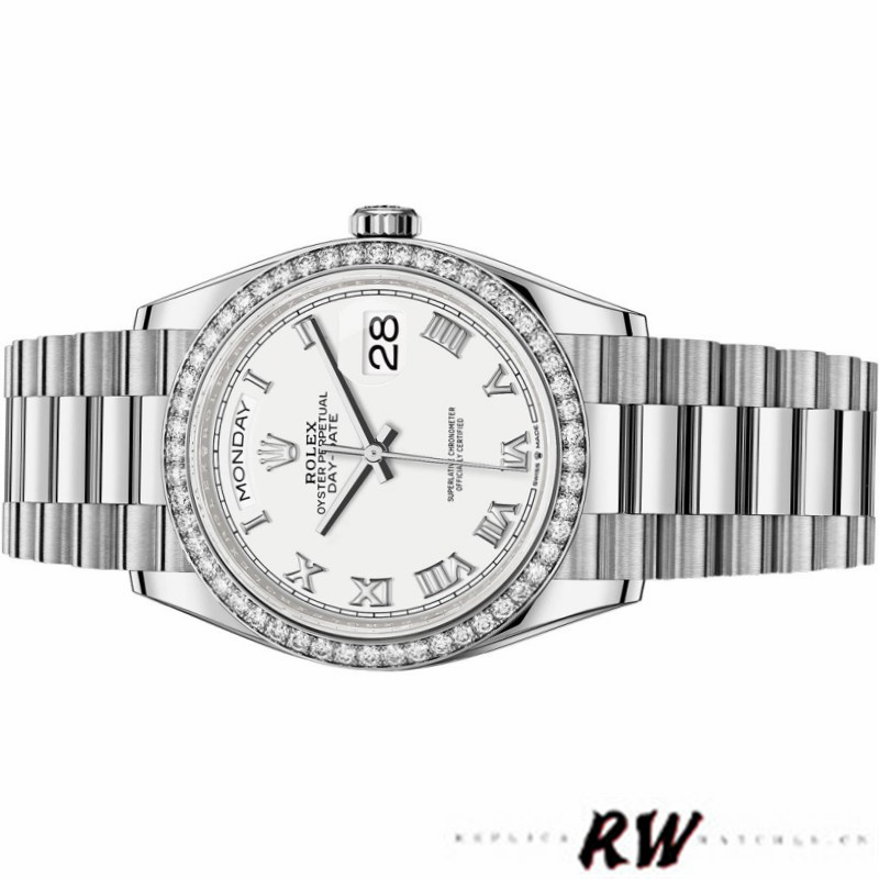 Rolex Day-Date 128349RBR White Roman Dial Diamond Bezel 36MM Unisex Replica Watch