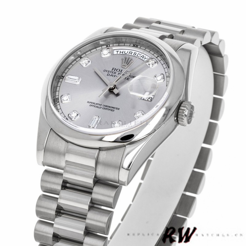 Rolex Day-Date 118209 White Gold Silver Diamond Dial Automatic 36mm Unisex Replica Watch