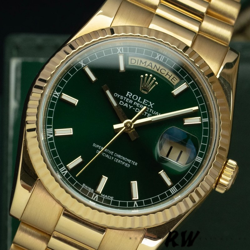 Rolex Day-Date 118238 Yellow Gold Fluted Bezel Green Dial 36mm Unisex Replica Watch