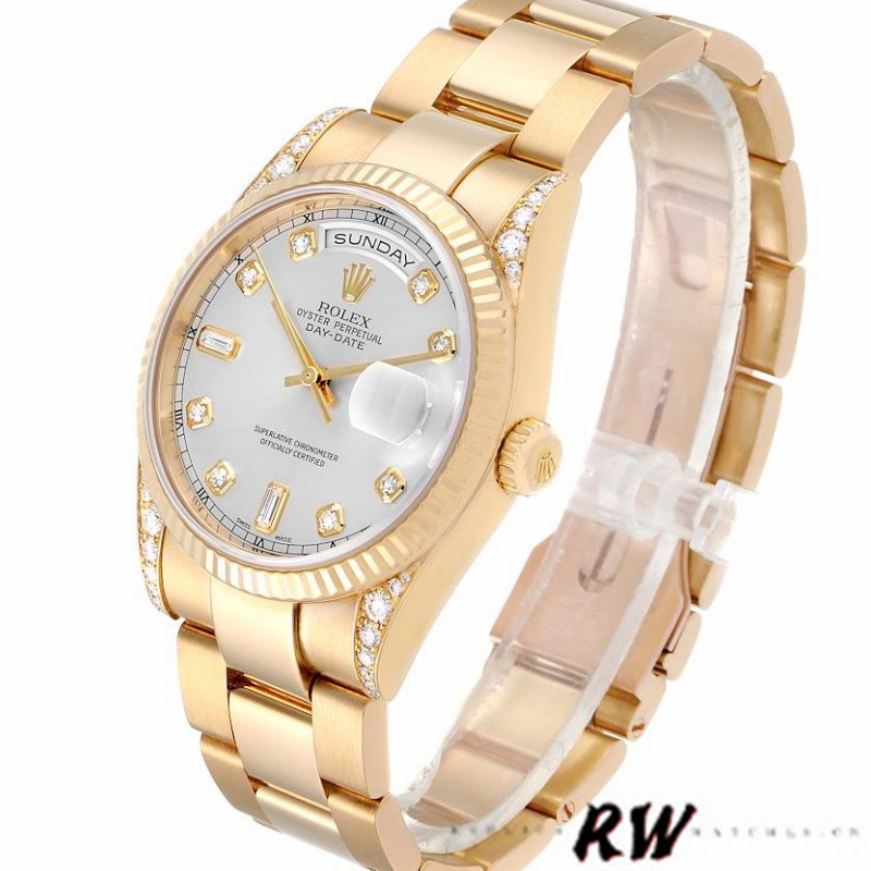 Rolex Day-Date 118338 Yellow gold Silver Diamond dial 36mm Unisex Replica Watch