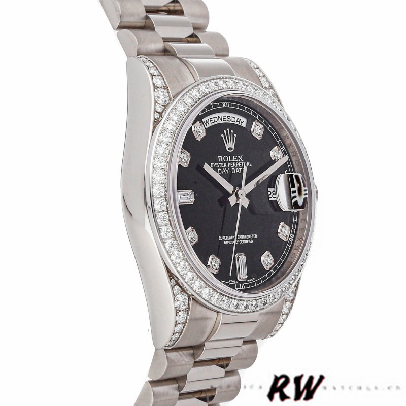 Rolex Day-Date 118389 White Gold Black Diamond Dial 36MM Unisex Replica Watch