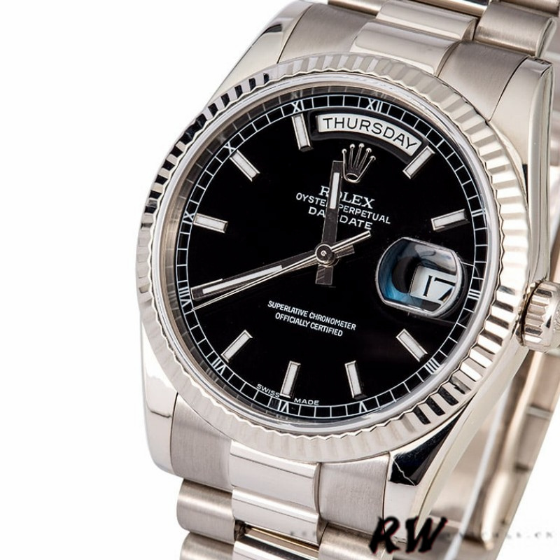 Rolex Day-Date 118239 White Gold Black Dial Fluted Bezel 36mm Unisex Replica Watch