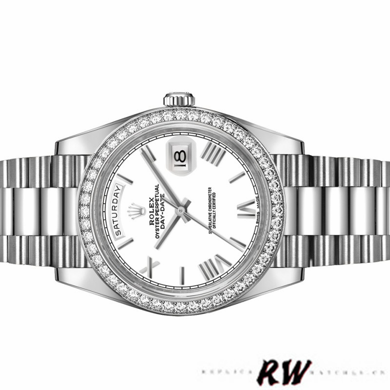 Rolex Day-Date 228349RBR White Roman Dial Diamond Bezel 40mm Mens Replica Watch