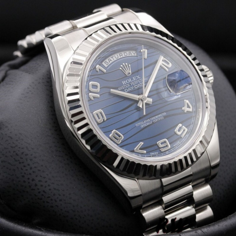 Rolex Day-Date 218239 Wave Blue Dial White Gold 41MM Mens Replica Watch