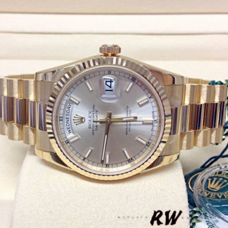 Rolex Day-Date 118238 Silver dial Fluted Bezel 36mm Unisex Replica Watch