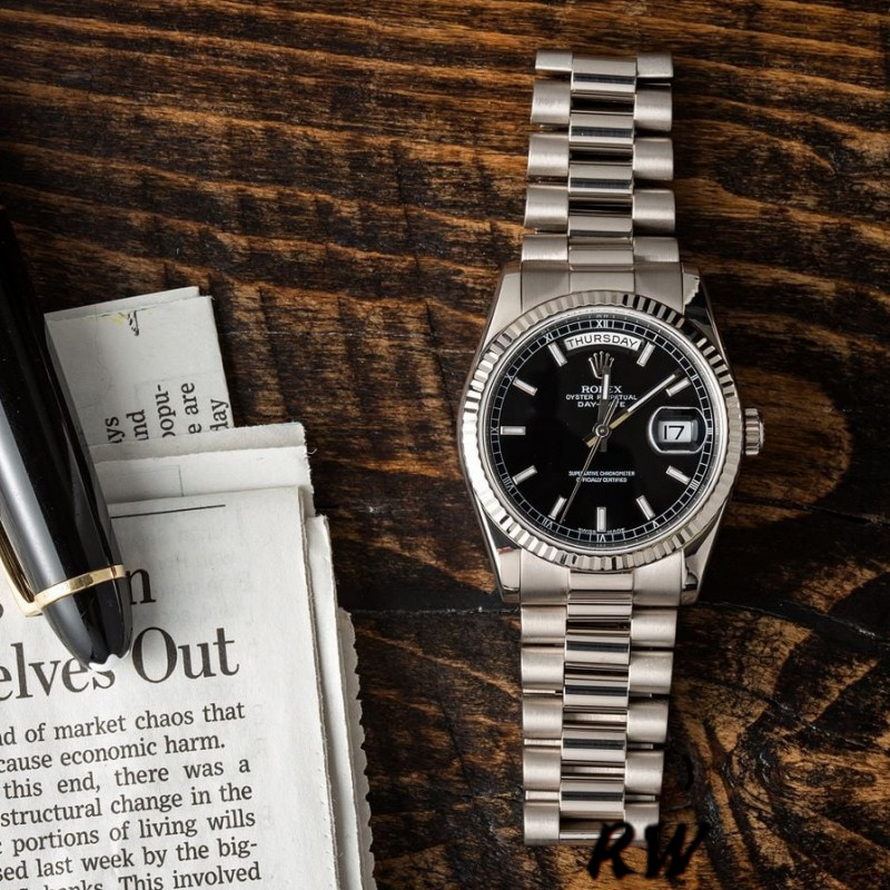 Rolex Day-Date 118239 White Gold Black Dial Fluted Bezel 36mm Unisex Replica Watch