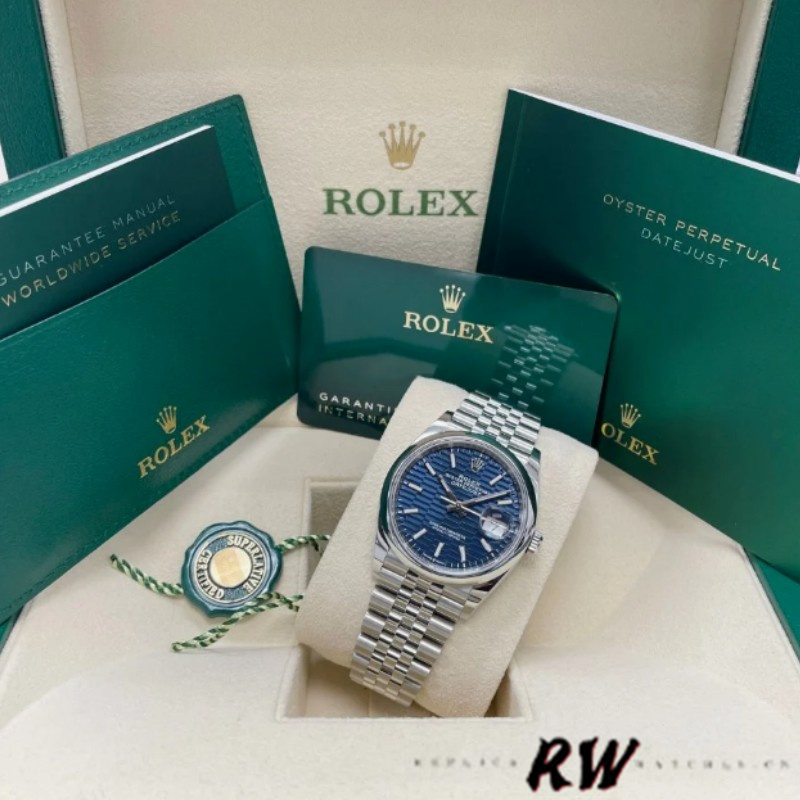 Rolex Datejust 126200 Stainless Steel Automatic Blue Motif Wave Dial 36MM Unisex Replica Watch