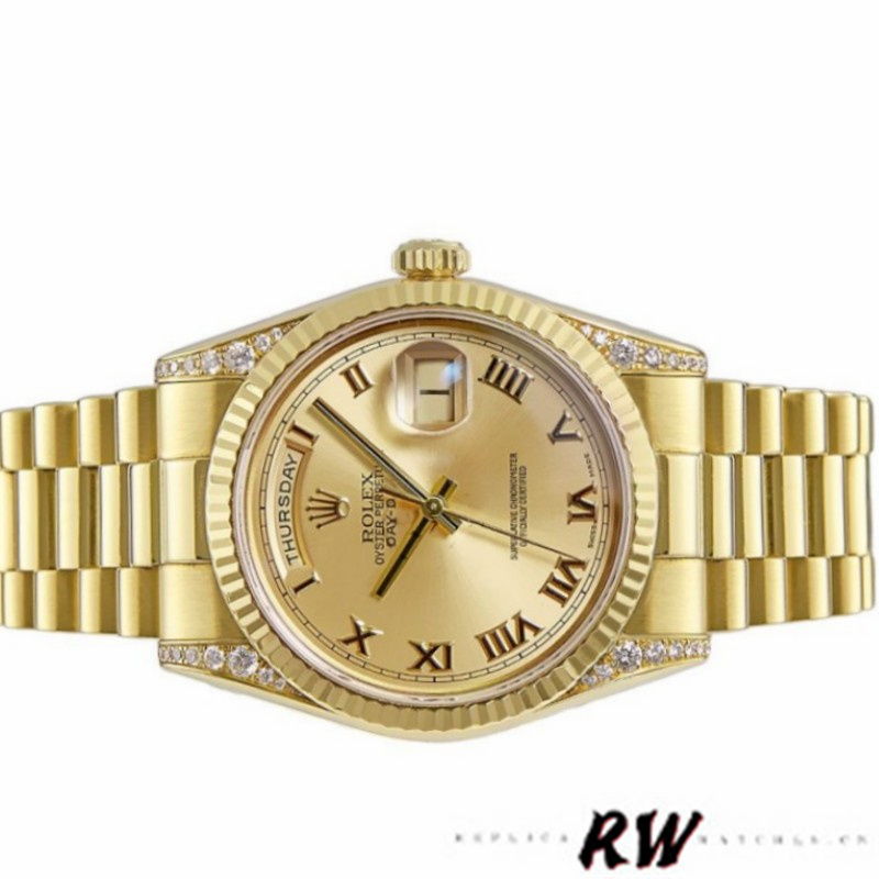 Rolex Day-Date 118338 Champagne Roman Dial Diamond Bezel 36MM Unisex Replica Watch