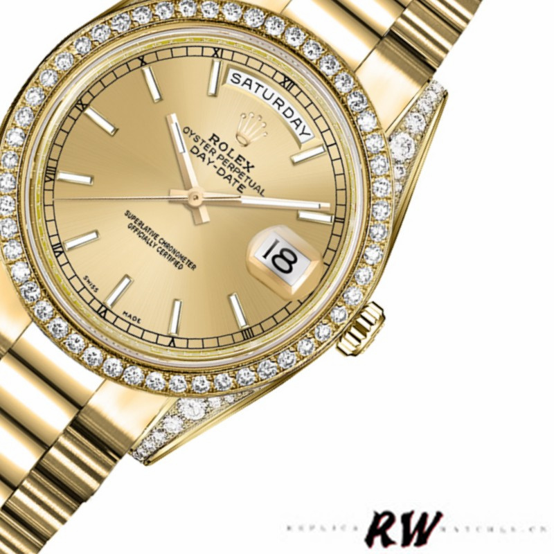 Rolex Day-Date 118388 Diamond Bezel Champagne Index Dial 36MM Unisex Replica Watch