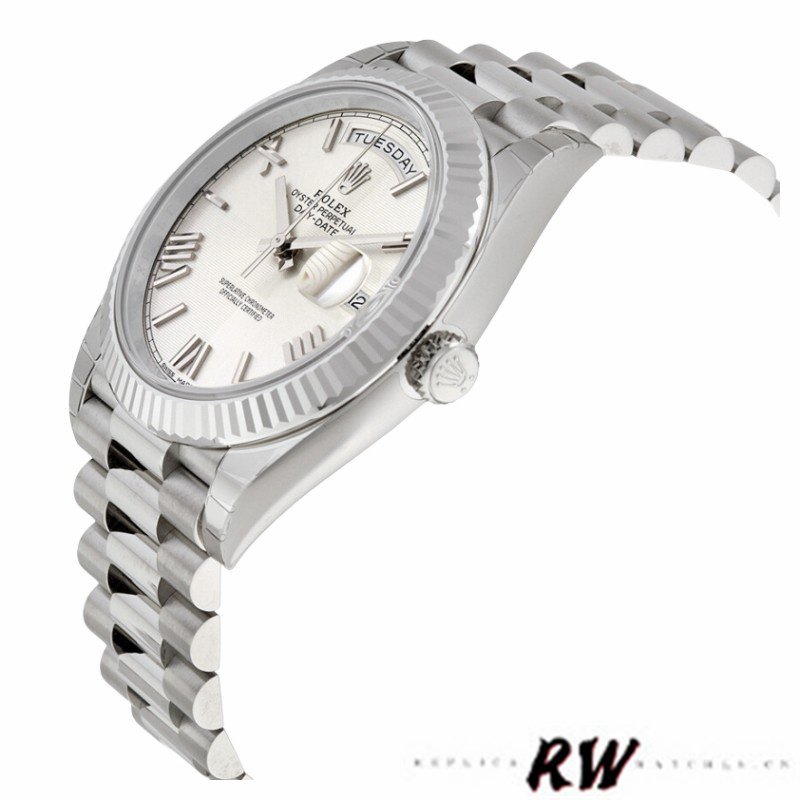 Rolex Day-Date 228239 Silver Quadrant Motif Roman Dial Fluted Bezel 40mm Mens Replica Watch