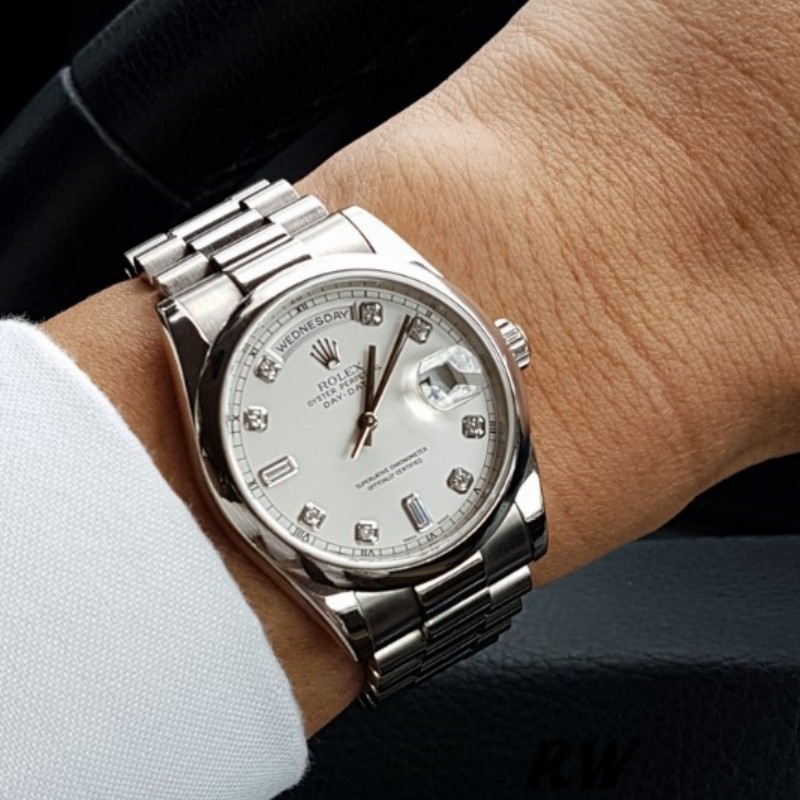 Rolex Day-Date 118209 White Gold Silver Diamond Dial Automatic 36mm Unisex Replica Watch