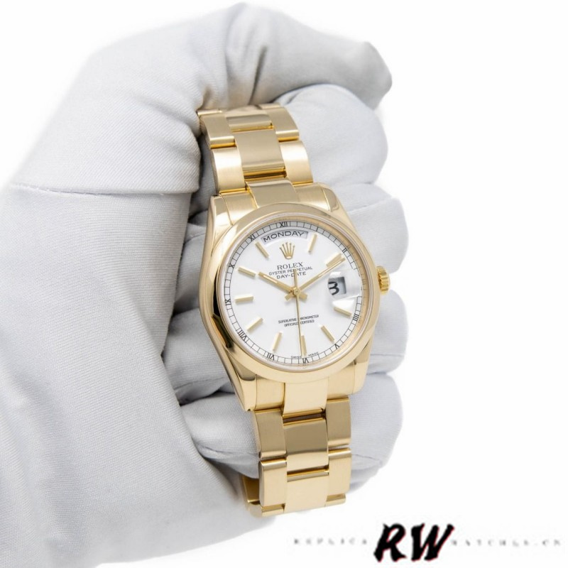Rolex Day-Date 118208 White Dial Yellow Gold 36mm Unisex Replica Watch