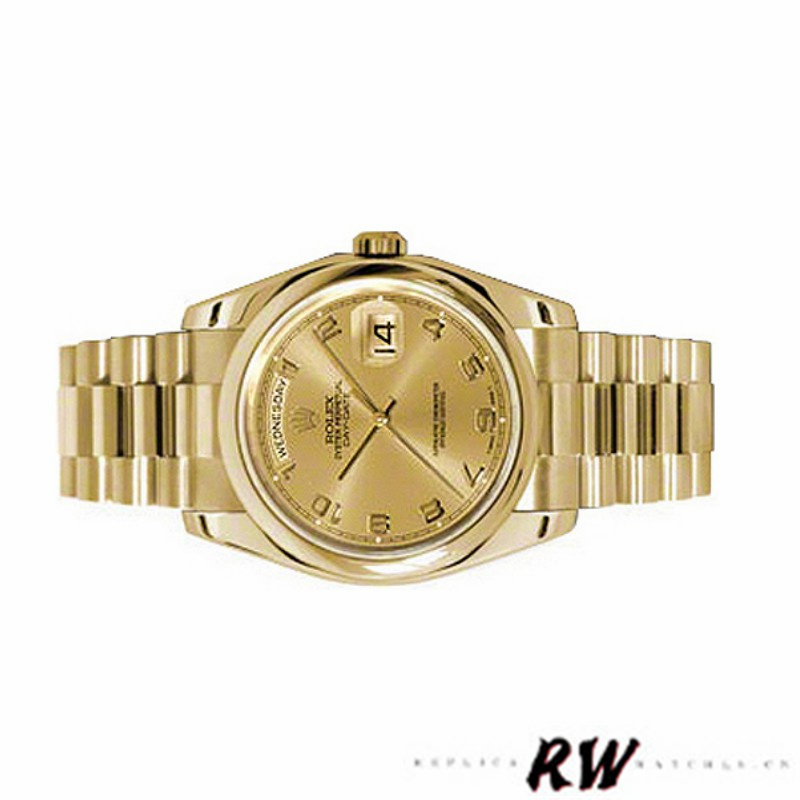 Rolex Day-Date 118208 champagne dial Arabic Numeral Hour Markers yellow gold 36mm Unisex Replica Watch