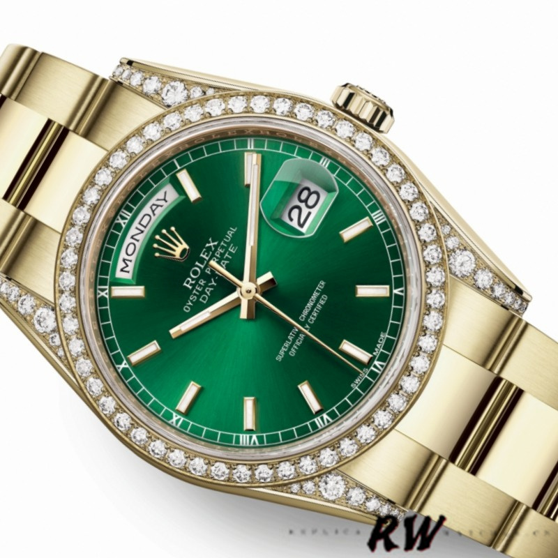 Rolex Day-Date 118388 Diamond Dezel Green Index Dial 36MM Unisex Replica Watch