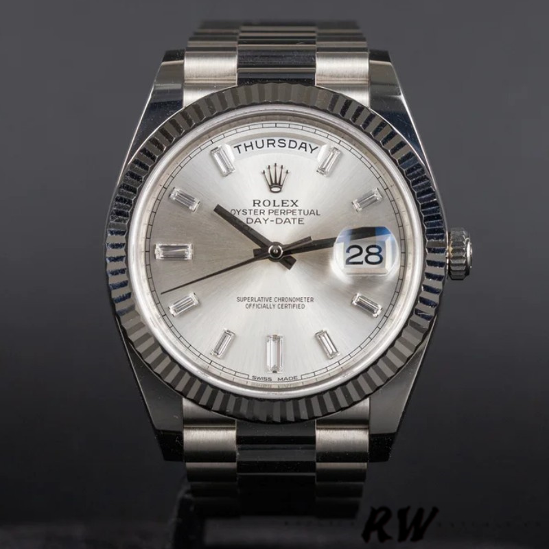 Rolex Day-Date 228239 Silver Baguette Diamond Dial Fluted Bezel 40mm Mens Replica Watch