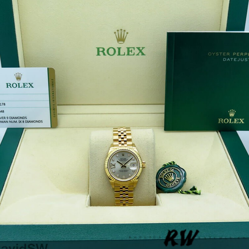 Rolex Datejust 279178 Silver Dial Diamond Yellow Gold 28mm Lady Replica Watch