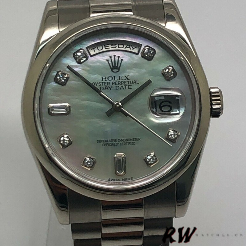 Rolex Day-Date 118206 Platinum White Mother of Pearl Diamond Dial 36mm Unisex Replica Watch