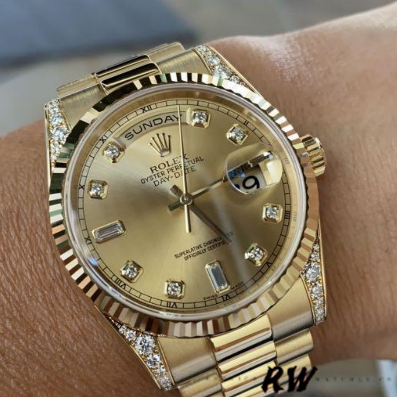Rolex Day-Date 118338 Yellow Gold Champagne Diamonds Dial 36mm Unisex Replica Watch