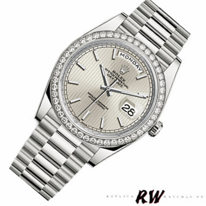 Rolex Day-Date 228349RBR Silver Stripe Motif Dial Diamond Bezel 40mm Mens Replica Watch