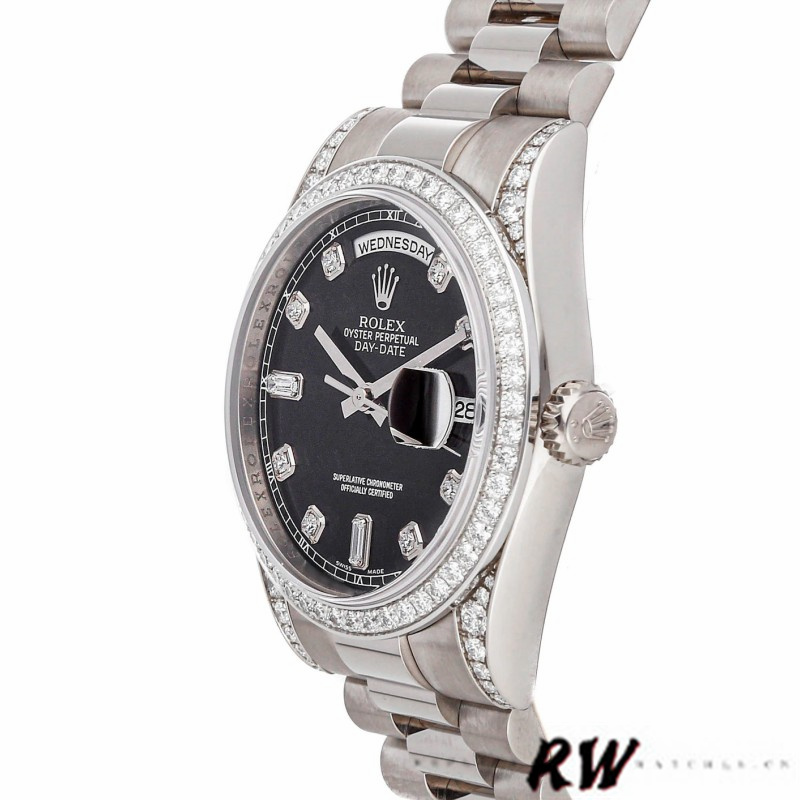 Rolex Day-Date 118389 White Gold Black Diamond Dial 36MM Unisex Replica Watch