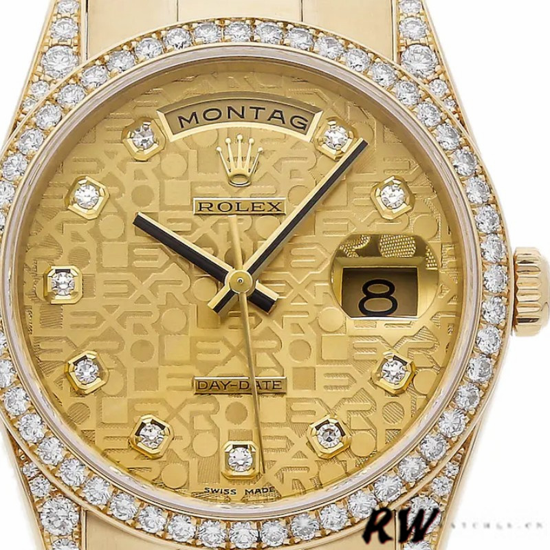 Rolex Day-Date 118388 Yellow Gold Champagne Diamond Dial 36MM Unisex Replica Watch