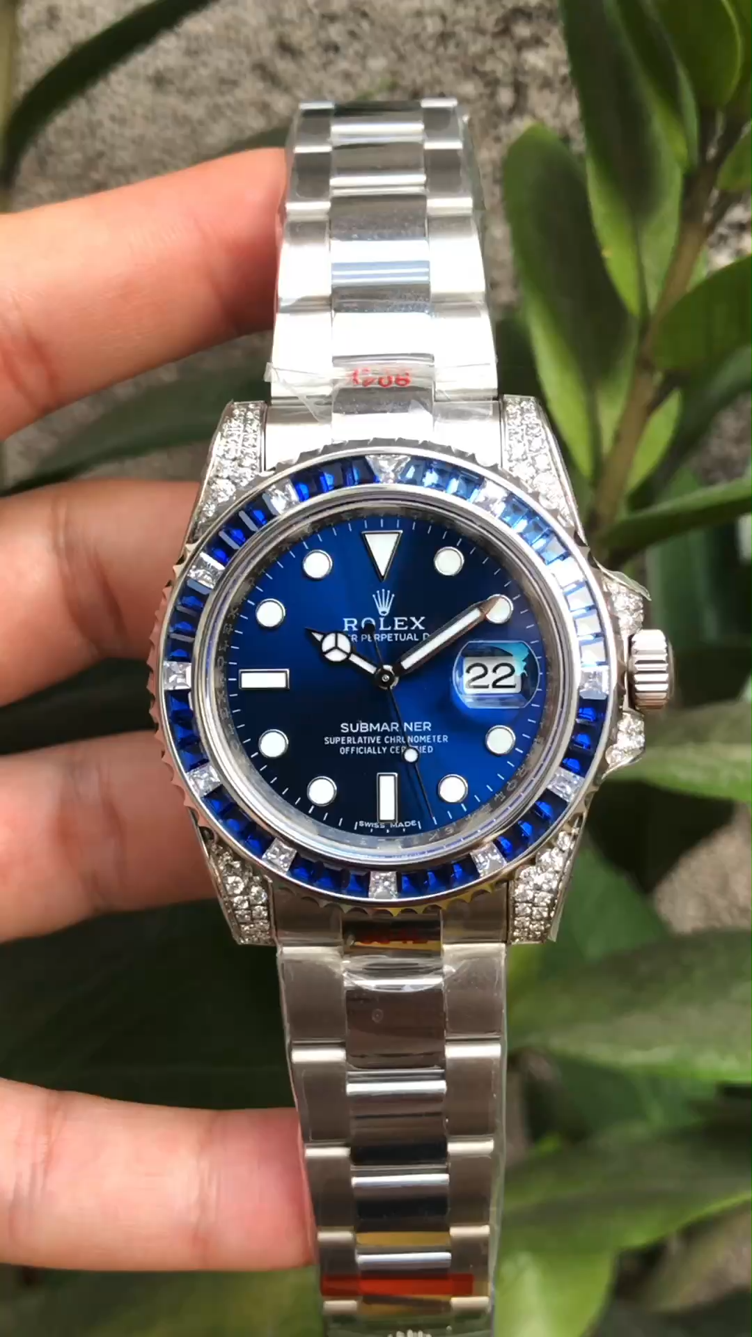 Rolex Submariner Date 116610LN, blue dial and diamond bezel, hand-held near plant.