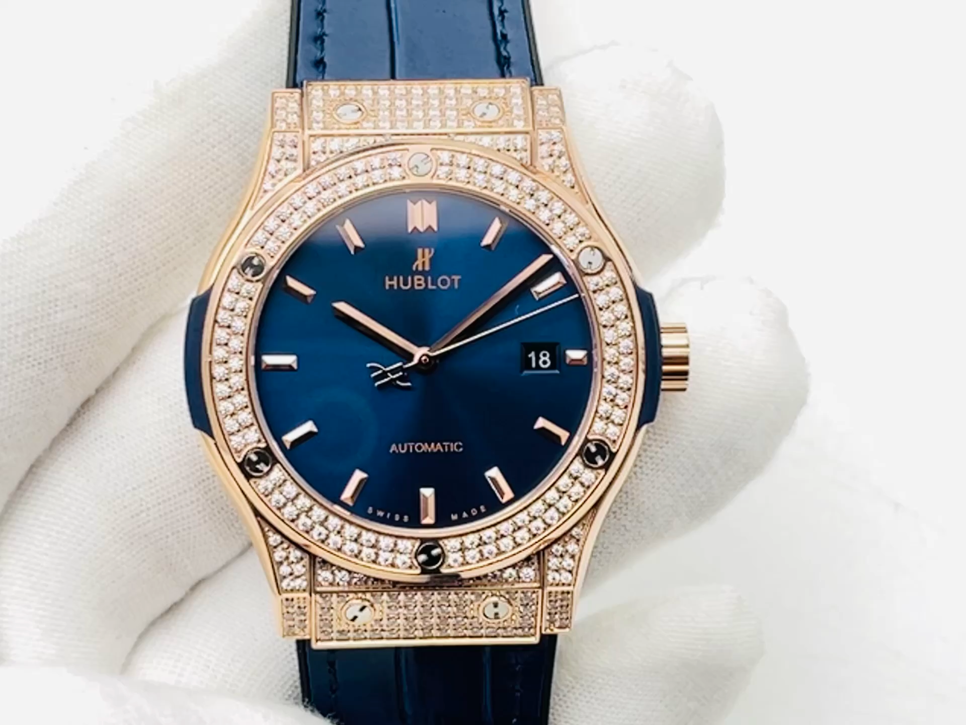 Hublot Classic Fusion 542.OX.1181.LR.1704 blue dial full view, diamond bezel with leather strap. - Video