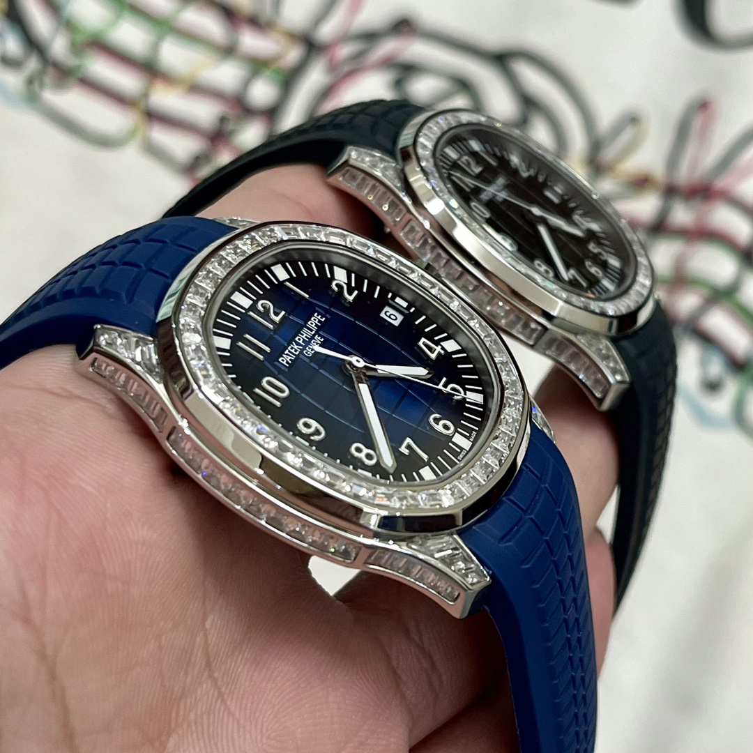 Side angle of Patek Philippe Aquanaut 5167/300G-010 showing bezel height and case profile.