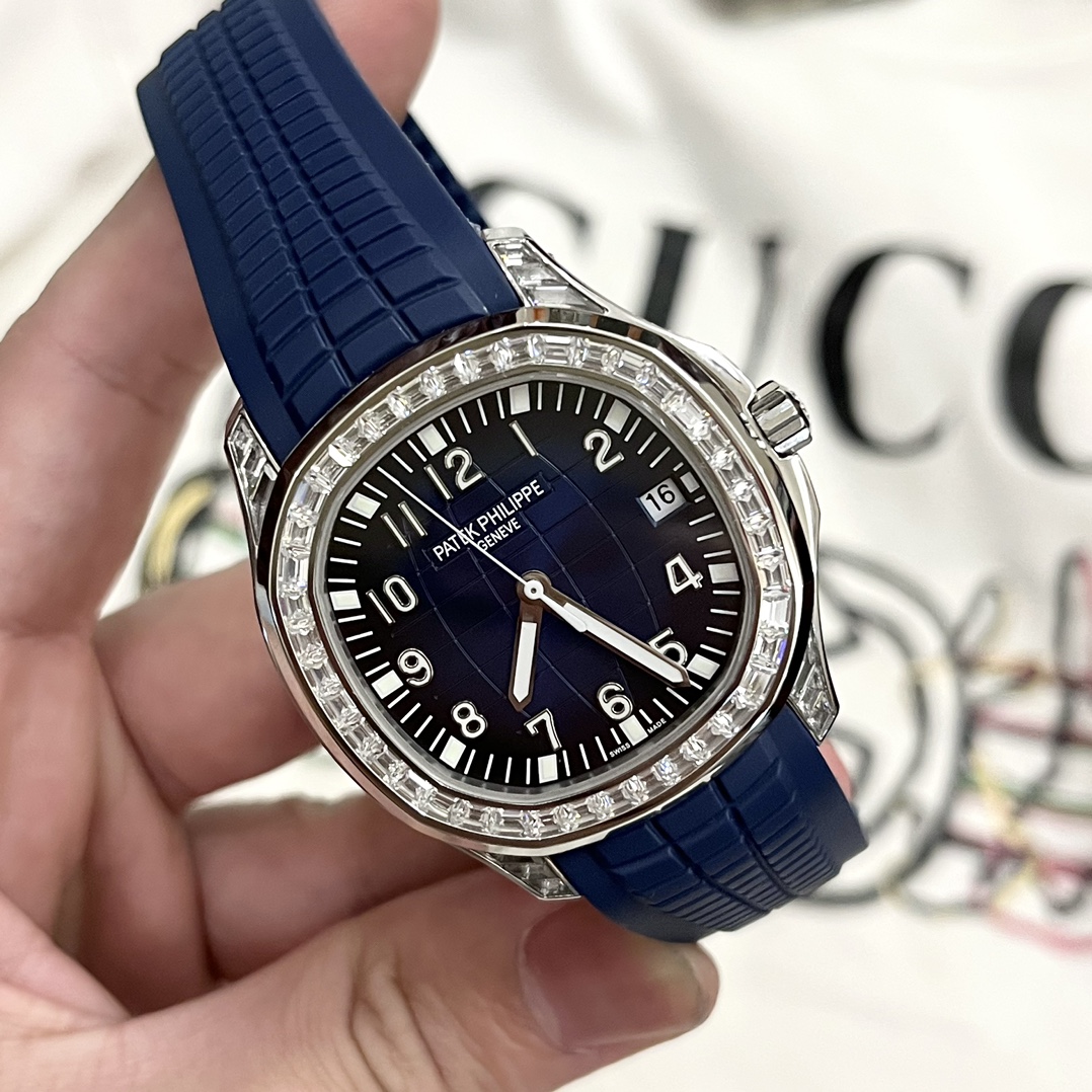 Angled view of Patek Philippe Aquanaut 5167/300G-010 showing case finishing and diamond-set bezel.