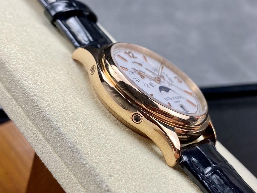 Profile view of the Patek Philippe 5146R-001, rose gold case curvature and strap integration.