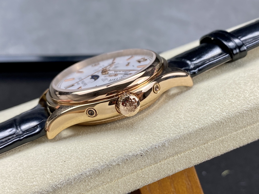 Side-on shot of the Patek Philippe 5146R-001, showing crown and bezel edge finish.