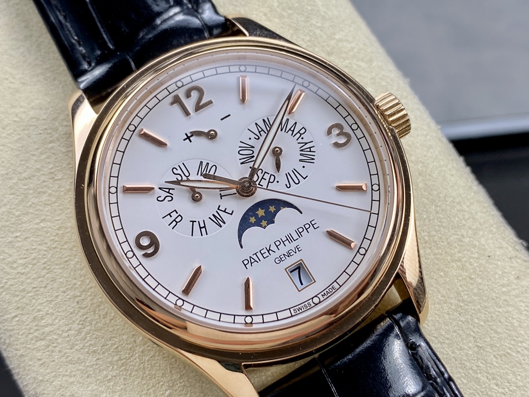 Dial close-up of the Patek Philippe 5146R-001, moonphase and date subdial emphasized.